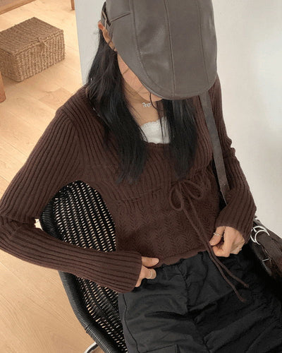 Naki Vintage V-Neck Ribbon Strap Punching Ribbed Long Sleeve Knitwear