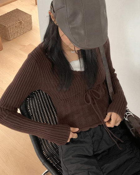 Naki Vintage V-Neck Ribbon Strap Punching Ribbed Long Sleeve Knitwear