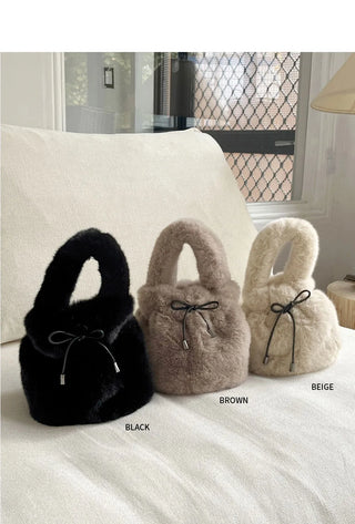 Lotu Fur Ribbon String Fur Tote Cross Shoulder Bag