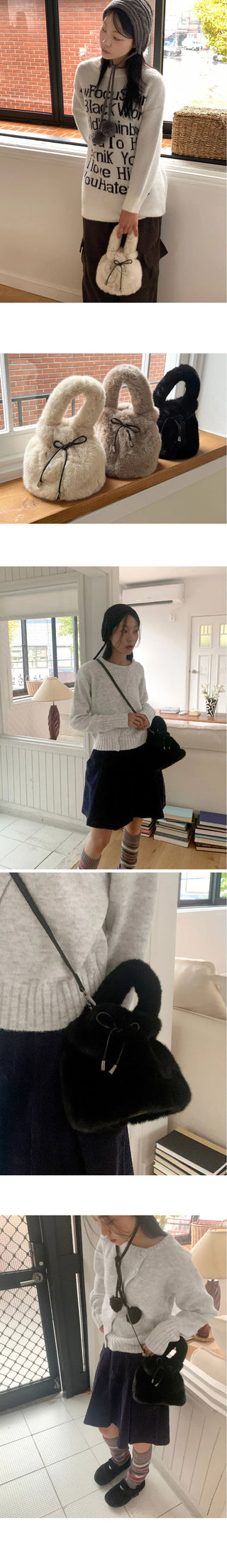 Lotu Fur Ribbon String Fur Tote Cross Shoulder Bag