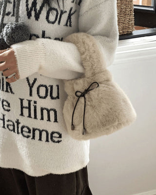 Lotu Fur Ribbon String Fur Tote Cross Shoulder Bag
