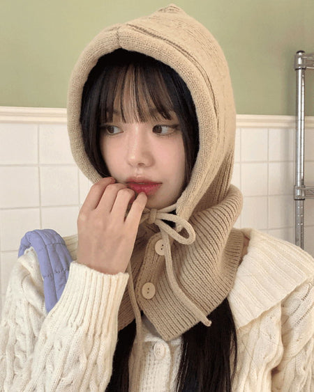 Tenu Two Button Hooded Knitwear Ribbon Strap Balaclava