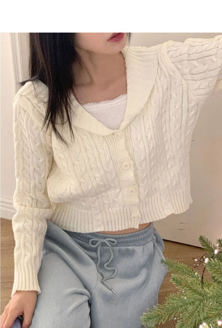 Anne Shawl Collar Twisted Pastel Crop Long Sleeve Knitwear Cardigan