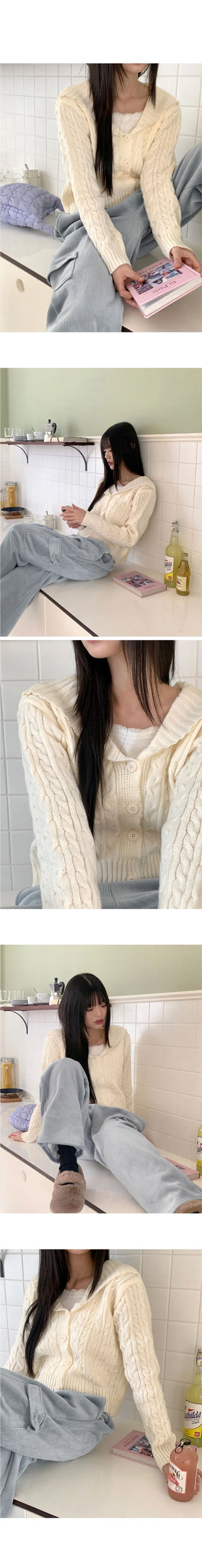 Anne Shawl Collar Twisted Pastel Crop Long Sleeve Knitwear Cardigan