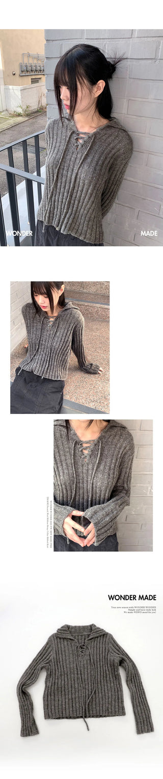 Foundy Wool Ribbon Strap Collar Ribbed Long Sleeve Knitwear