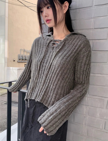 Foundy Wool Ribbon Strap Collar Ribbed Long Sleeve Knitwear