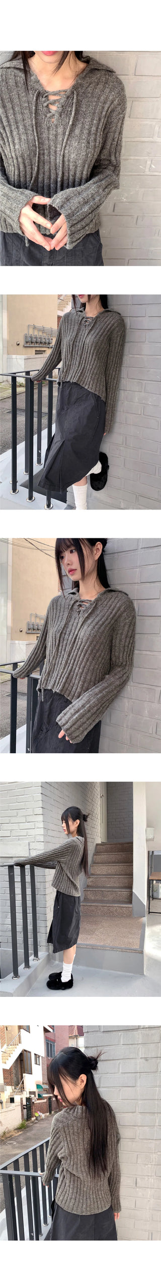 Foundy Wool Ribbon Strap Collar Ribbed Long Sleeve Knitwear