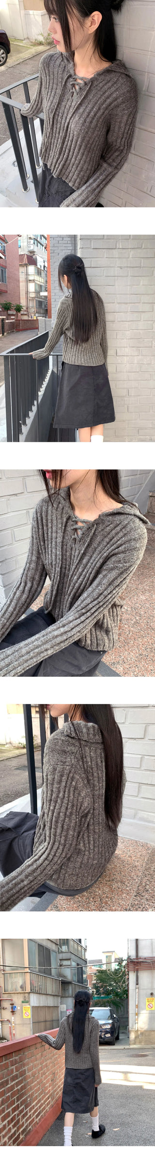 Foundy Wool Ribbon Strap Collar Ribbed Long Sleeve Knitwear