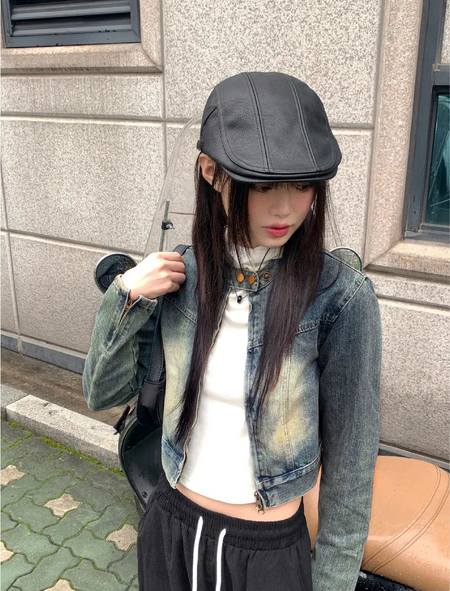 Katsun vintage Faded two-way zipper no-collar crop denim jacket