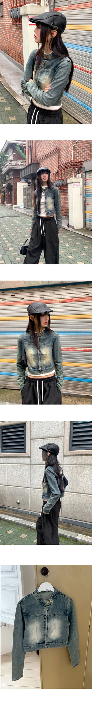 Katsun vintage Faded two-way zipper no-collar crop denim jacket