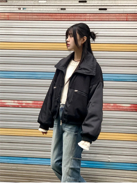 Beckin high-neck Knitwear color combination balloon two-way aviation Jacket
