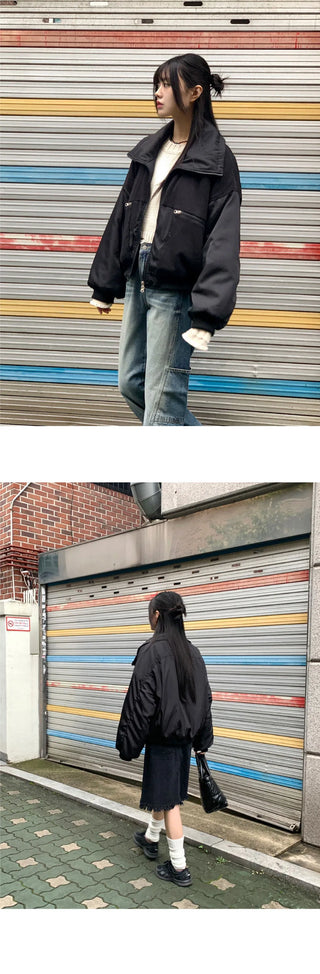 Beckin high-neck Knitwear color combination balloon two-way aviation Jacket