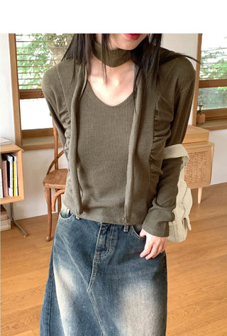 Purden Ribbed side shirring crop long sleeve t-shirt