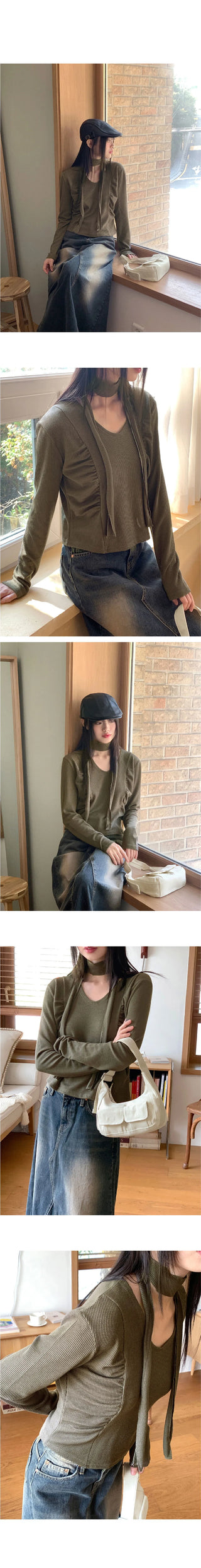 Purden Ribbed side shirring crop long sleeve t-shirt