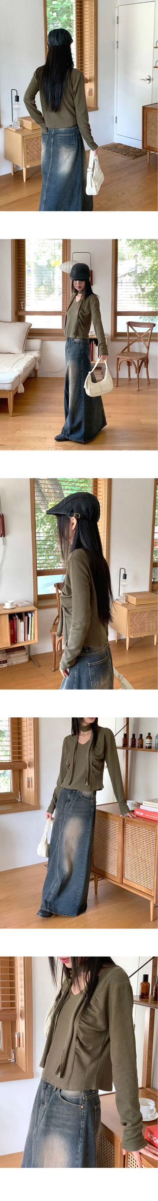 Purden Ribbed side shirring crop long sleeve t-shirt