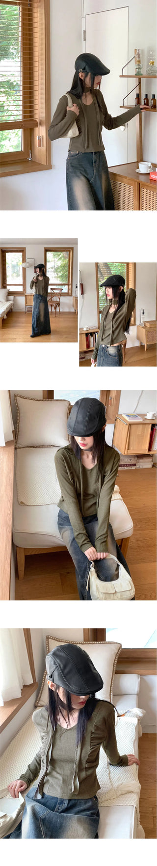 Purden Ribbed side shirring crop long sleeve t-shirt