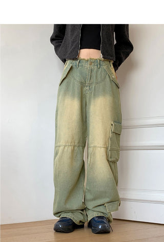 All Teen Vintage Yellow Faded Pocket Cargo Fringe Denim Long Wide Pants