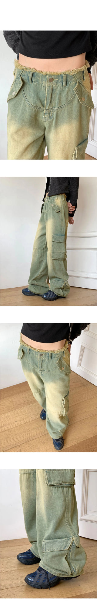 All Teen Vintage Yellow Faded Pocket Cargo Fringe Denim Long Wide Pants