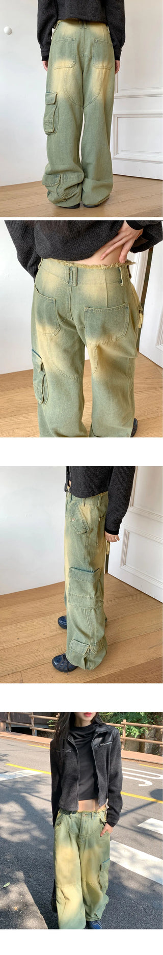 All Teen Vintage Yellow Faded Pocket Cargo Fringe Denim Long Wide Pants