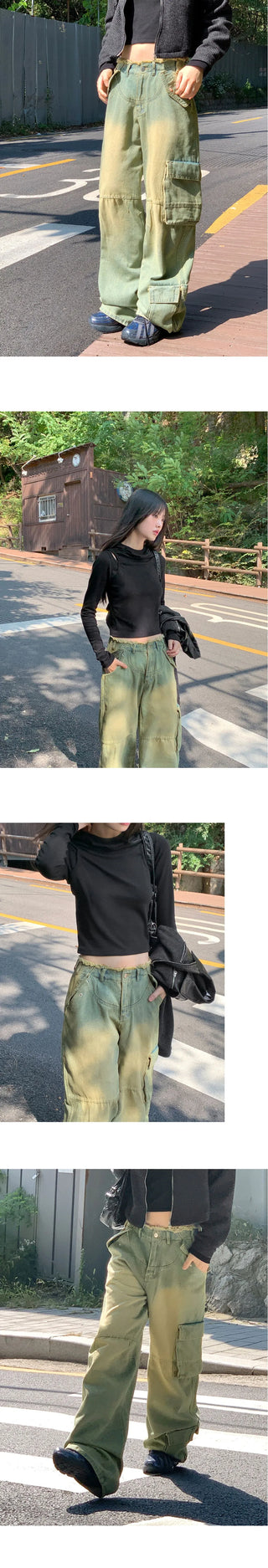 All Teen Vintage Yellow Faded Pocket Cargo Fringe Denim Long Wide Pants
