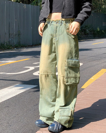 All Teen Vintage Yellow Faded Pocket Cargo Fringe Denim Long Wide Pants