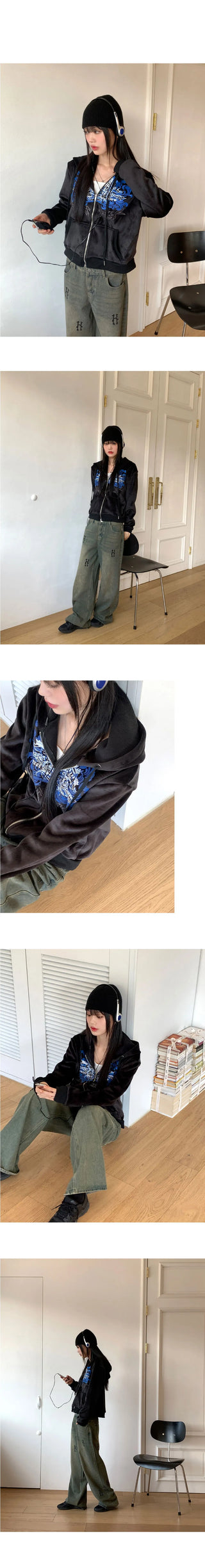 Venom Y2K lettering cubic velvet Fleece-lined zip-up