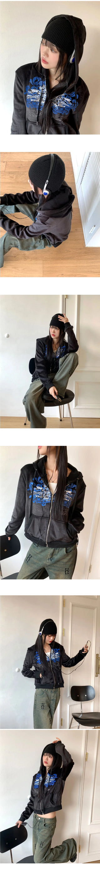 Venom Y2K lettering cubic velvet Fleece-lined zip-up