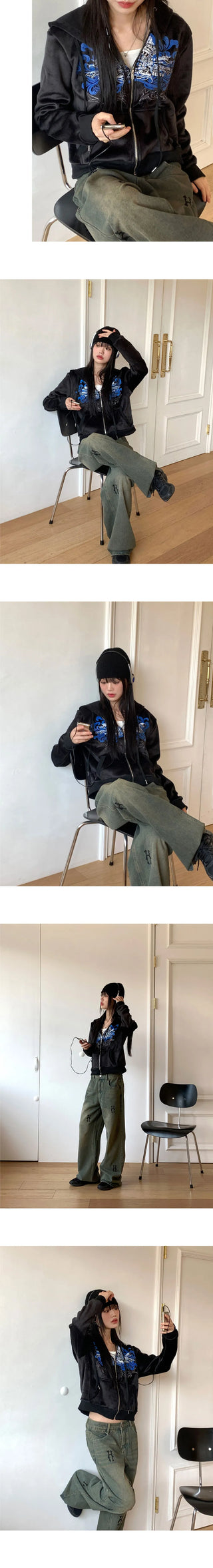Venom Y2K lettering cubic velvet Fleece-lined zip-up