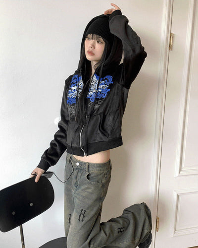 Venom Y2K lettering cubic velvet Fleece-lined zip-up
