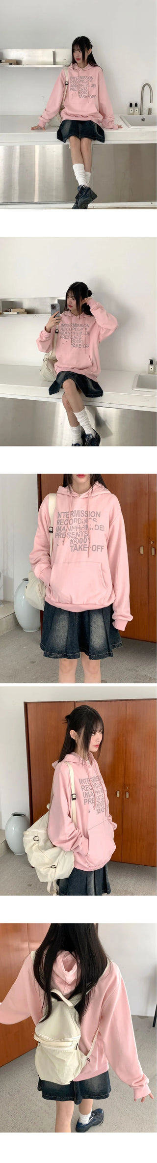Recording Y2K Lettering Boxy Long Sleeve Hooded Sweatshirt