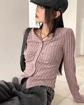 Tully Bokashi shirring rib Ribbed button long sleeve cardigan