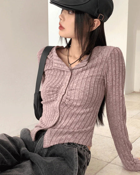Tully Bokashi shirring rib Ribbed button long sleeve cardigan