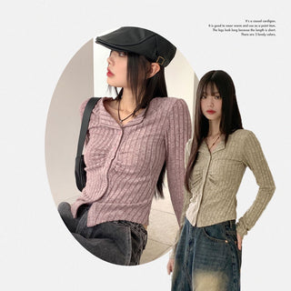 Tully Bokashi shirring rib Ribbed button long sleeve cardigan