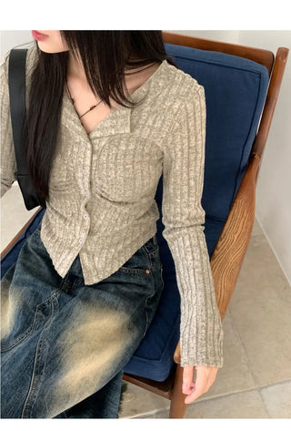 Tully Bokashi shirring rib Ribbed button long sleeve cardigan