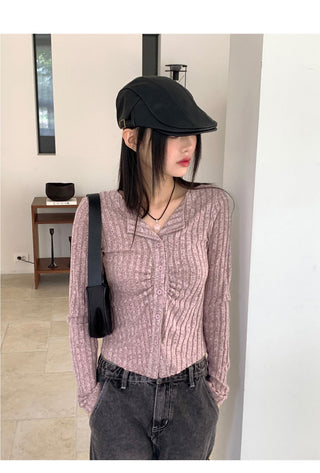 Tully Bokashi shirring rib Ribbed button long sleeve cardigan