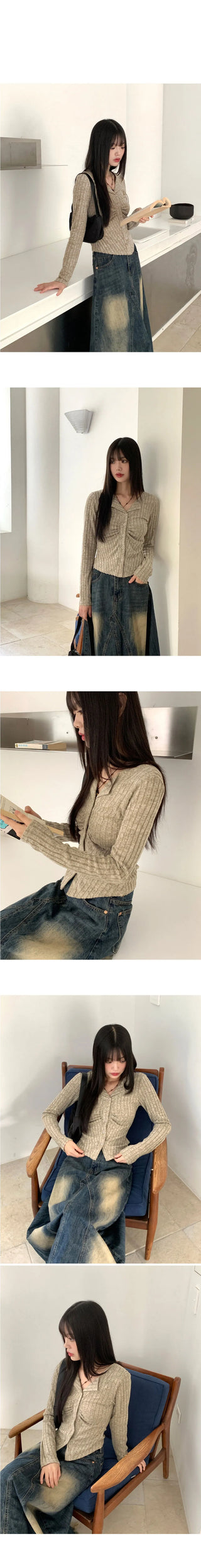 Tully Bokashi shirring rib Ribbed button long sleeve cardigan