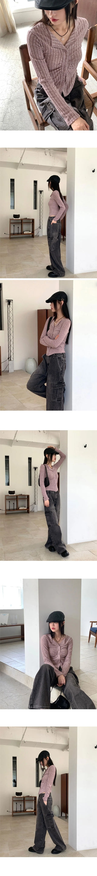 Tully Bokashi shirring rib Ribbed button long sleeve cardigan