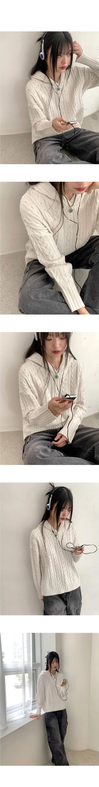 SAD Twisted Button Half Zip Up Hood Long Sleeve Knitwear