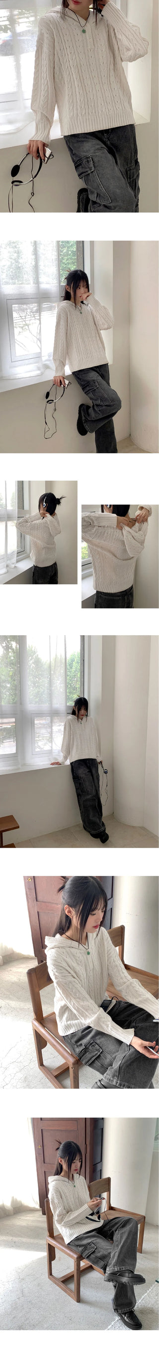 SAD Twisted Button Half Zip Up Hood Long Sleeve Knitwear