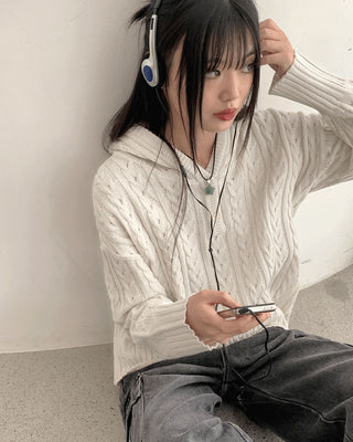 SAD Twisted Button Half Zip Up Hood Long Sleeve Knitwear