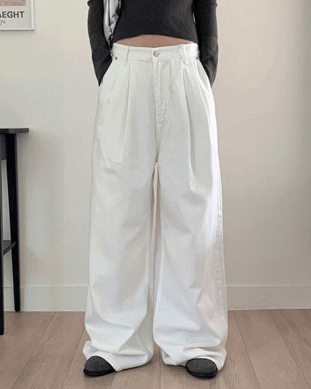 Viant Two Pin Tuck Slab Cotton Long Wide Pants