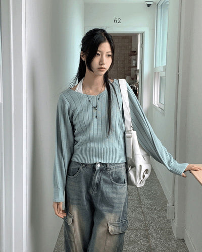 High Knee Ribbed V-Neck Semi Crop Long Sleeve Knitwear