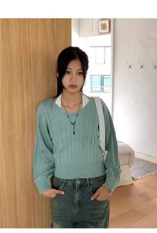 High Knee Ribbed V-Neck Semi Crop Long Sleeve Knitwear