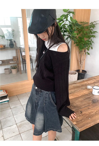 High Knee Ribbed V-Neck Semi Crop Long Sleeve Knitwear