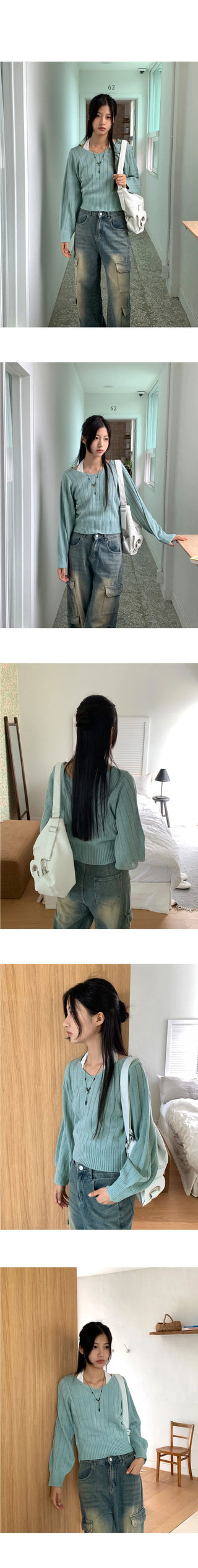High Knee Ribbed V-Neck Semi Crop Long Sleeve Knitwear
