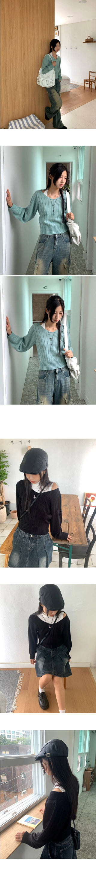 High Knee Ribbed V-Neck Semi Crop Long Sleeve Knitwear