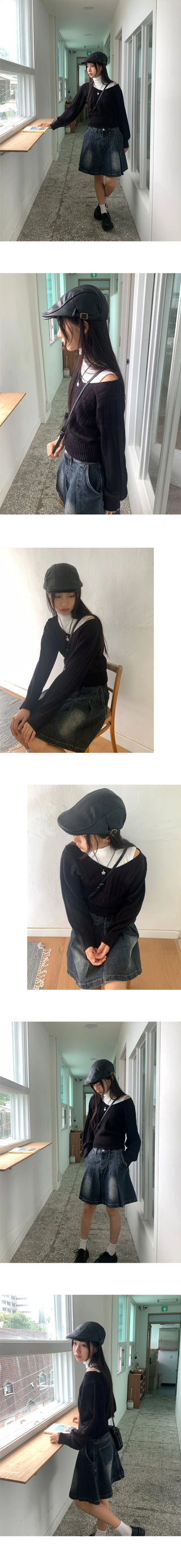 High Knee Ribbed V-Neck Semi Crop Long Sleeve Knitwear