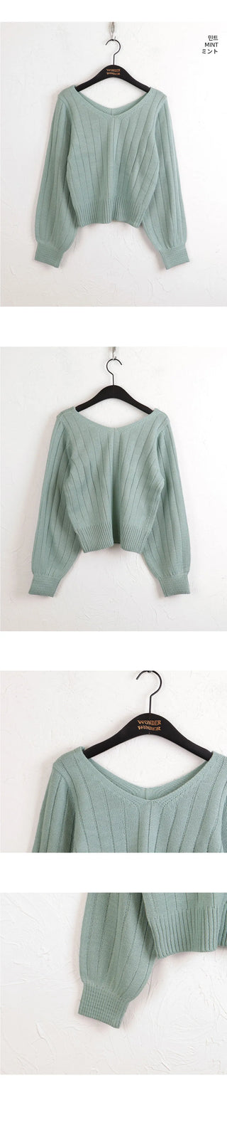 High Knee Ribbed V-Neck Semi Crop Long Sleeve Knitwear