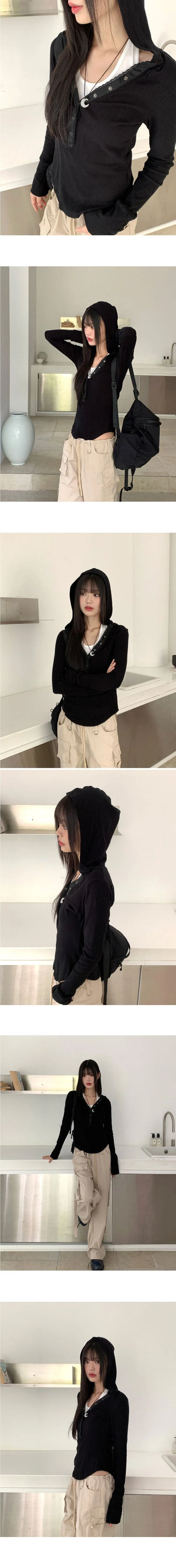 Ibia Totto Button Slim Ribbed Hooded T-Shirt