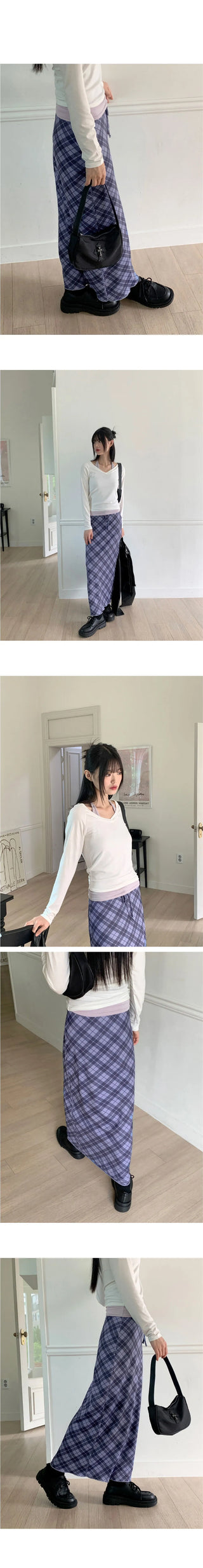 Shavin Vintage Y2K Check Ribbon Long Skirt